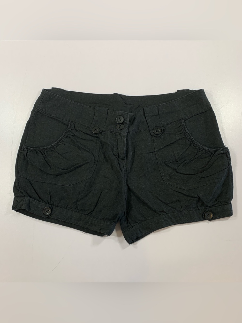 Groggy Black Linen Blend Shorts Size 7 Buttons Bubble Pockets Y2K Retro Preppy